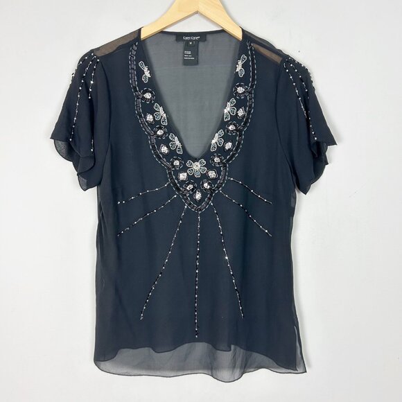 Y2K Karen Kane Black Beaded Embellished Silk Top Sheer Size Medium Women's - Picture 1 of 5